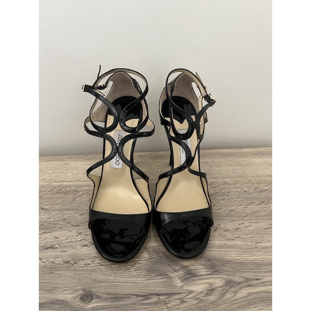 Jimmy Choo Lance Black Patent Leather 115 Sz 40.5 Strappy Sandal Heels - Picture 2 of 10